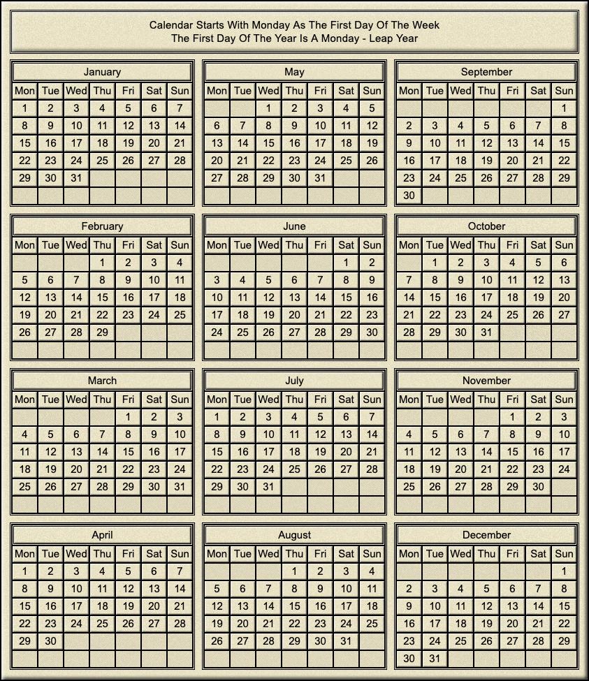 Calendar Year Of Monday Leap Year