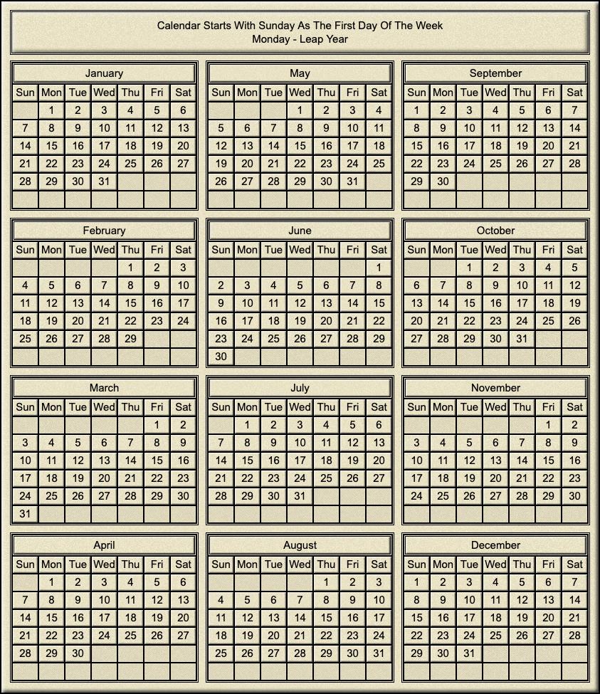 Calendar Year Of Monday Leap Year
