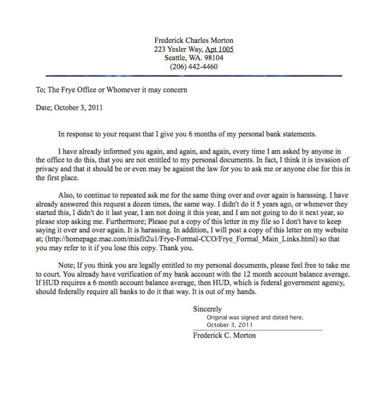 Letter About Bank Statements