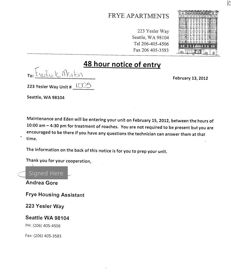 Notice Of Entry / Inspection - Eden Pest Control Page 1