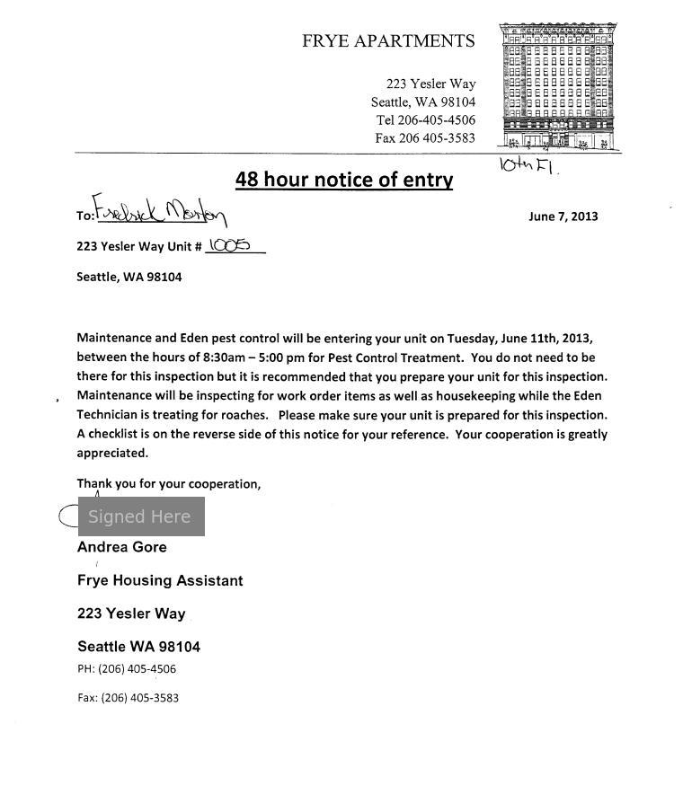 Notice Of Entry / Inspection - Eden Pest Control Page 1