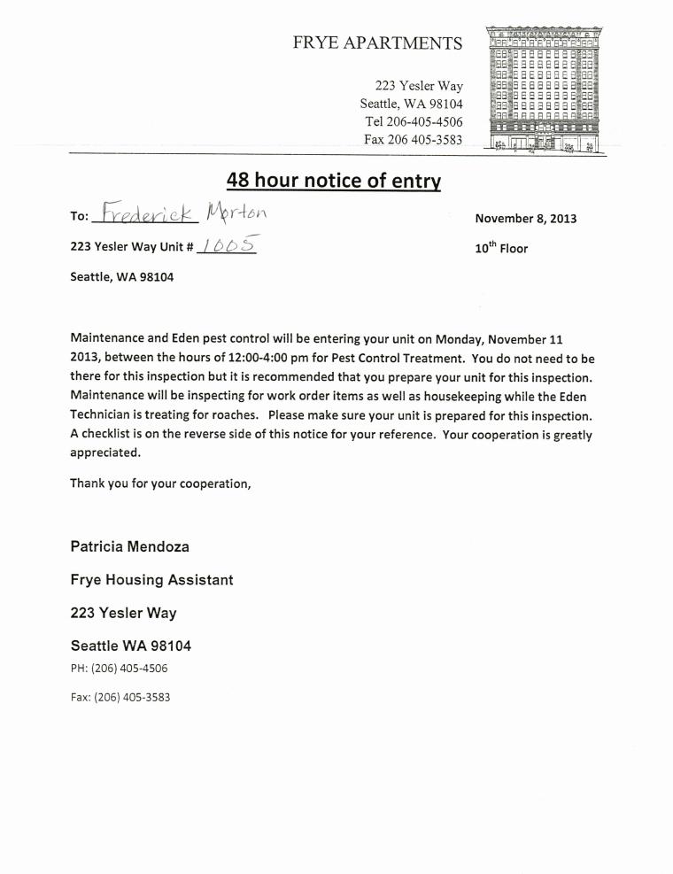 Notice Of Entry / Inspection - Eden Pest Control Page 1