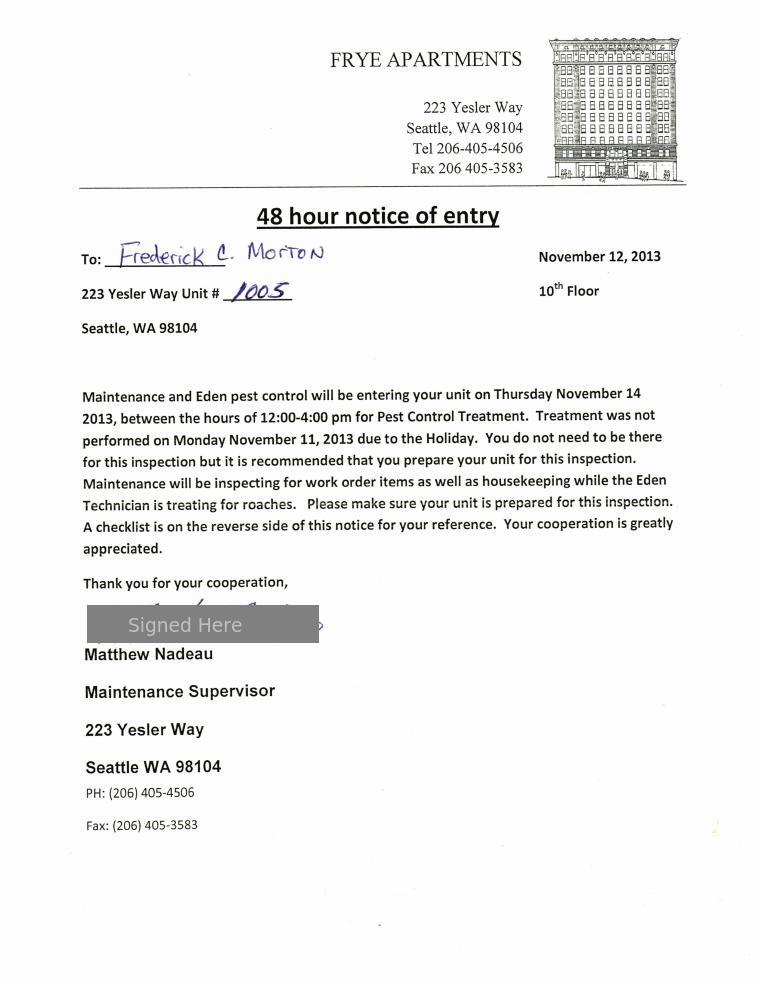 Notice Of Entry / Inspection - Eden Pest Control Page 1