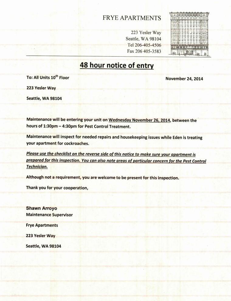 Notice Of Entry / Inspection - Eden Pest Control Page 1