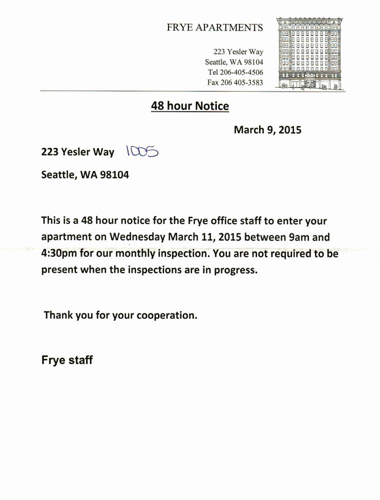 Notice Of Entry For Monthly Inspection