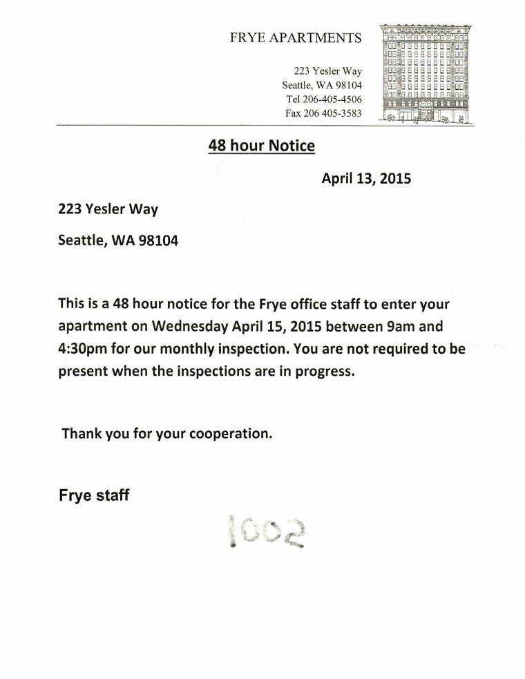 Notice Of Entry For Monthly Inspection