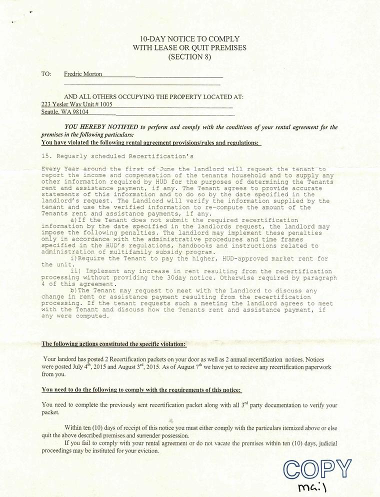 10 Day Notice About Recertification Page 1