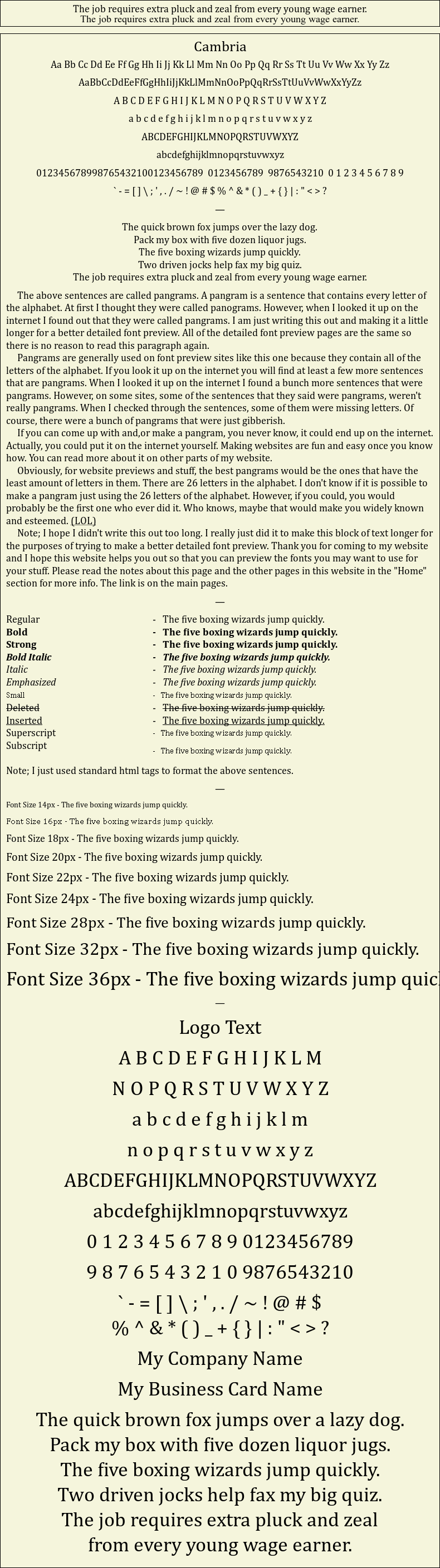 Detailed Picture Preview of The Font - Cambria
