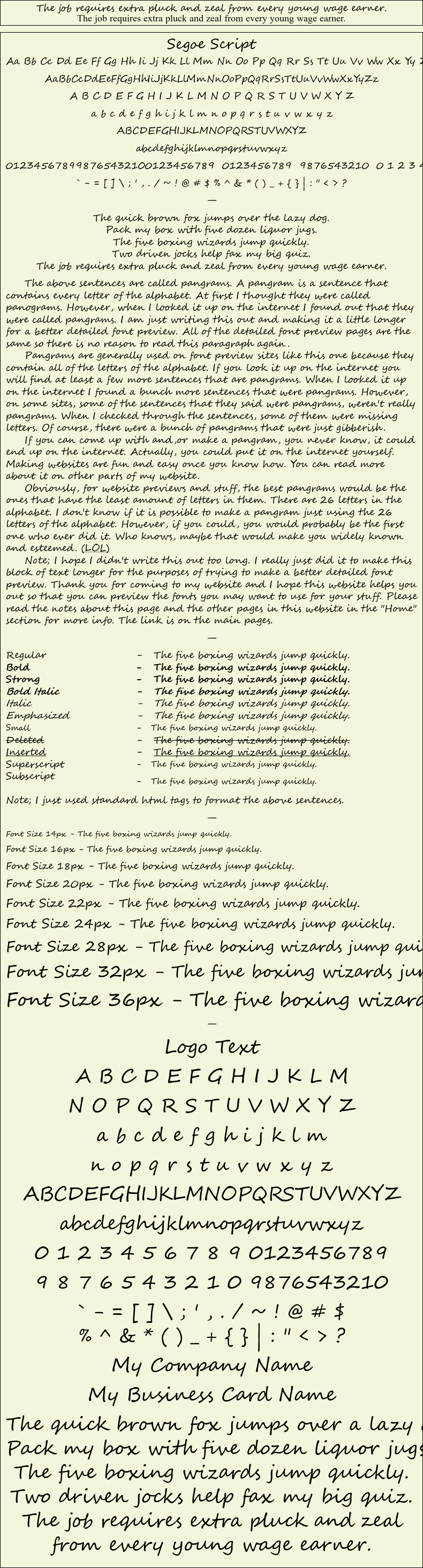 Detailed Picture Preview of The Font - Segoe Script